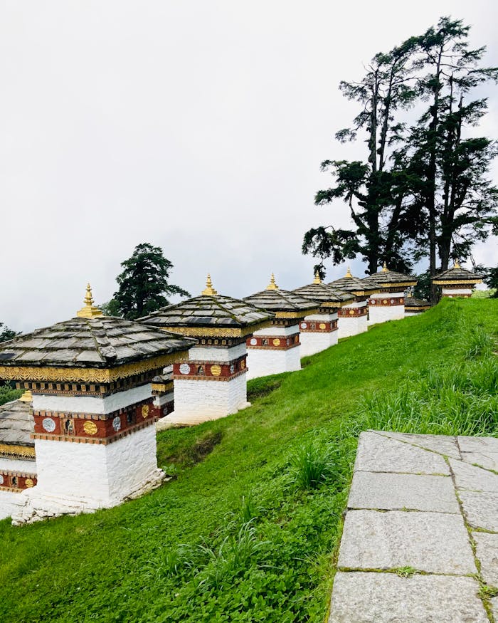 A peaceful view of the iconic stupas at Dochula Pass in Bhutan surrounded by lush greenery.